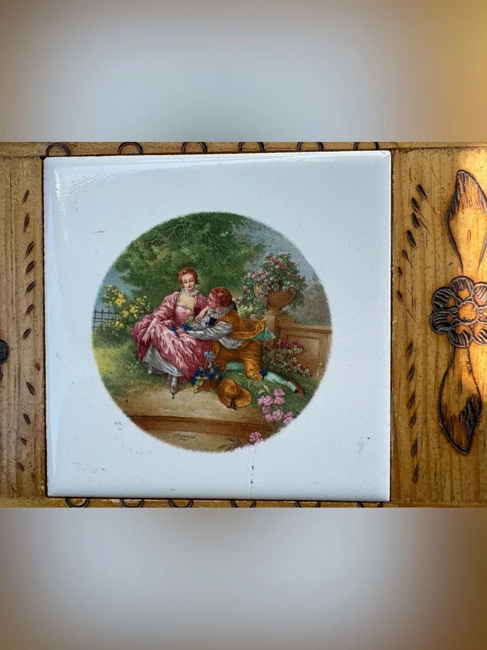 Vintage Fragonard Style Ceramic Tile Wooden Box